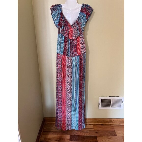 Xhilaration Womens Boho Maxi Dress XL Floral Parchwoek Lagenlook artys - Picture 2 of 10